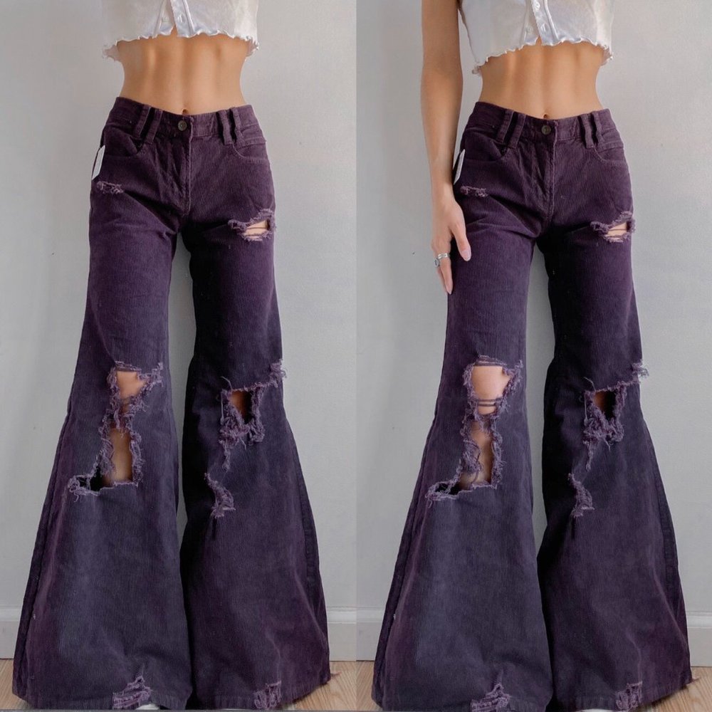 Free People - Purple Bell Bottom Ripped Corduroy Pants Size 29 New